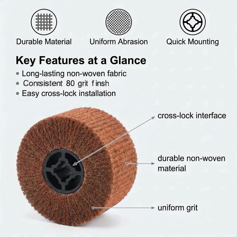 JUNLIXN 4.5" x 4" Non Woven Abrasive Drawing Drum, 3/4" Quad Keyway Burnishing Wheel for Hand held Polishing Machine 80 Grit Sanding Drum Surface Conditioning Tool (Pack of 2) - Image 3
